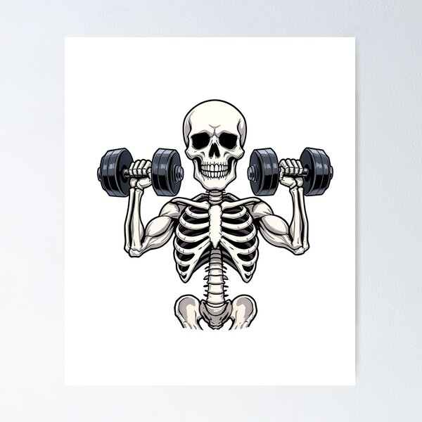 Item preview, Funny Skeleton Lifting Dumbbells – Gym Humor Cartoon Vector Art designed and sold by ColorSplash123.