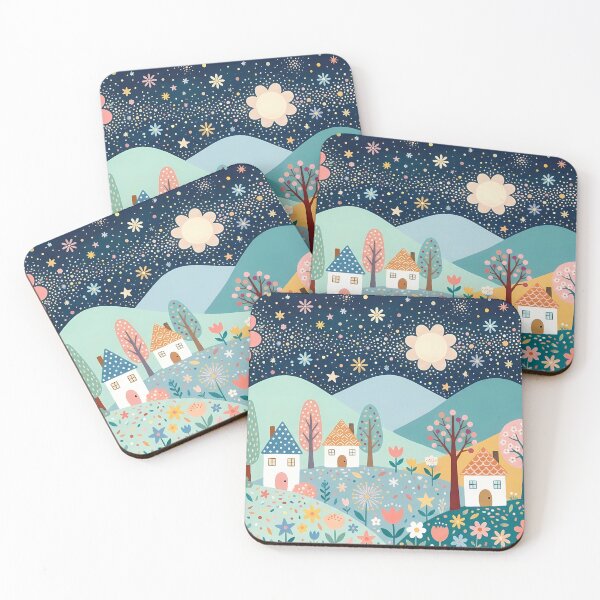 Item preview, Pretty Starry hillside village pattern – Scandinavian Folk Art by heidiannemorris © designed and sold by FOLK ART FUSION by heidiannemorris.