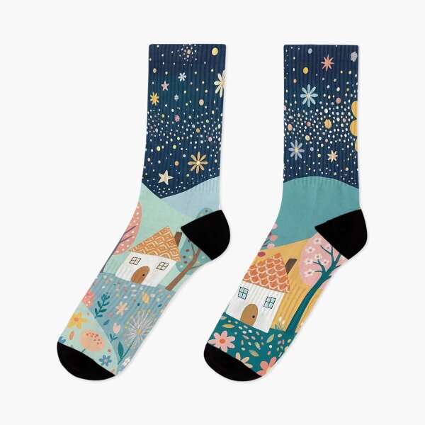 Item preview, Pretty Starry hillside village pattern – Scandinavian Folk Art by heidiannemorris © designed and sold by FOLK ART FUSION by heidiannemorris.
