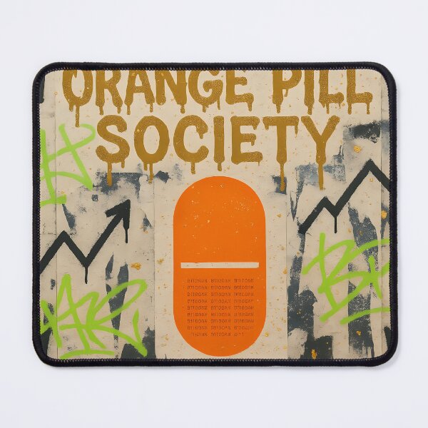 Item preview, Orange Pill Society Graffiti Poster – Bitcoin Orange Capsule Street Art with Crown Icons and Bullish Chart Arrows designed and sold by Bored Elon.