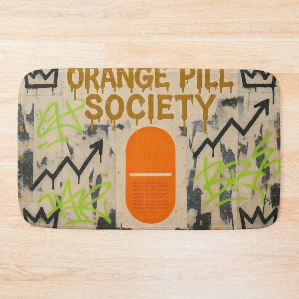Item preview, Orange Pill Society Graffiti Poster – Bitcoin Orange Capsule Street Art with Crown Icons and Bullish Chart Arrows designed and sold by Bored Elon.