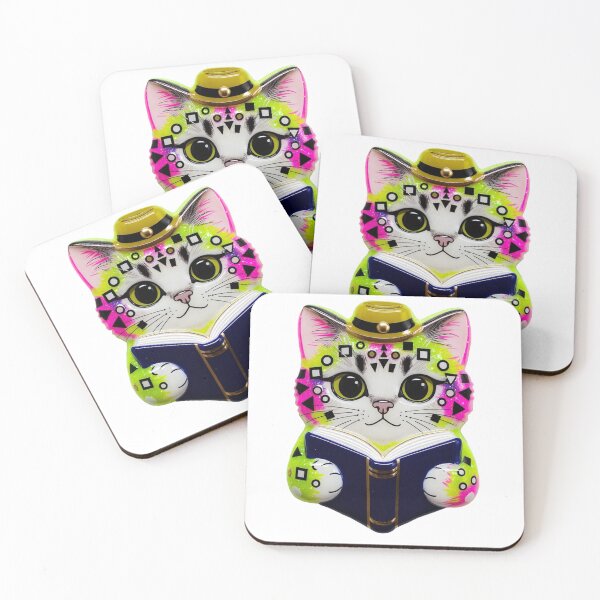 Item preview, Colorful Cute Whimsical Cat Reading a Book - Faux ceramic and 3D look designed and sold by pegdoesart.