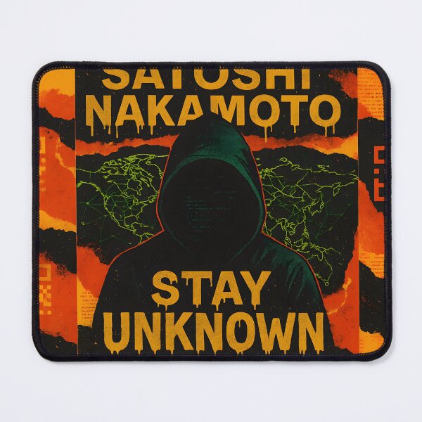 Item preview, Satoshi Nakamoto “Stay Unknown” Grunge Poster – Hooded Anonymous Figure with Neon Network World Map and QR Code Panels designed and sold by Bored Elon.