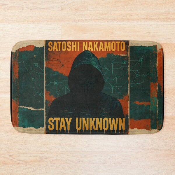 Item preview, Satoshi Nakamoto “Stay Unknown” Poster – Anonymous Hoodie Figure with Blockchain Network Map in Vintage Grunge Crypto Art designed and sold by Bored Elon.