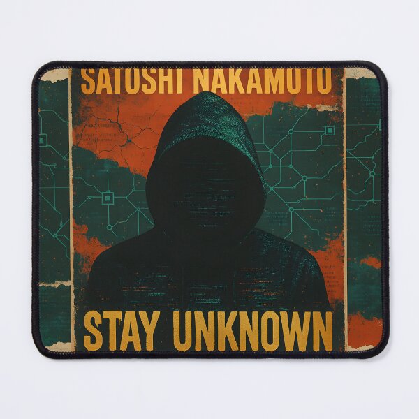 Item preview, Satoshi Nakamoto “Stay Unknown” Poster – Anonymous Hoodie Figure with Blockchain Network Map in Vintage Grunge Crypto Art designed and sold by Bored Elon.