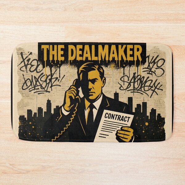 Item preview, The Dealmaker – Gold Noir Businessman Contract Poster, City Skyline Graffiti Street Art Print designed and sold by Bored Elon.