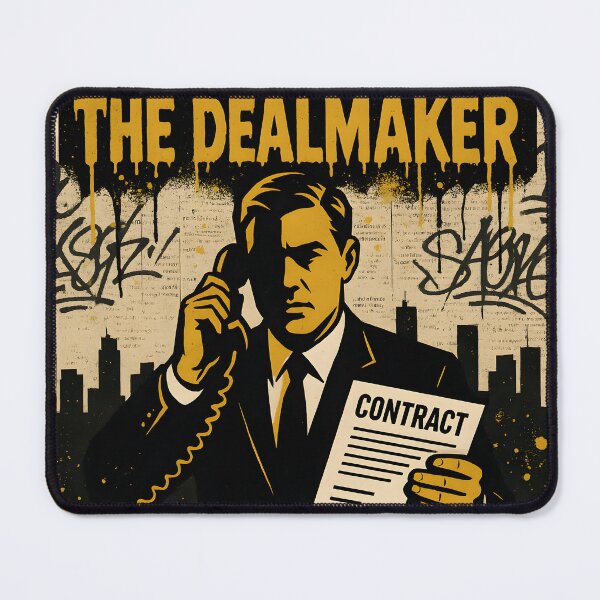 Item preview, The Dealmaker – Gold Noir Businessman Contract Poster, City Skyline Graffiti Street Art Print designed and sold by Bored Elon.
