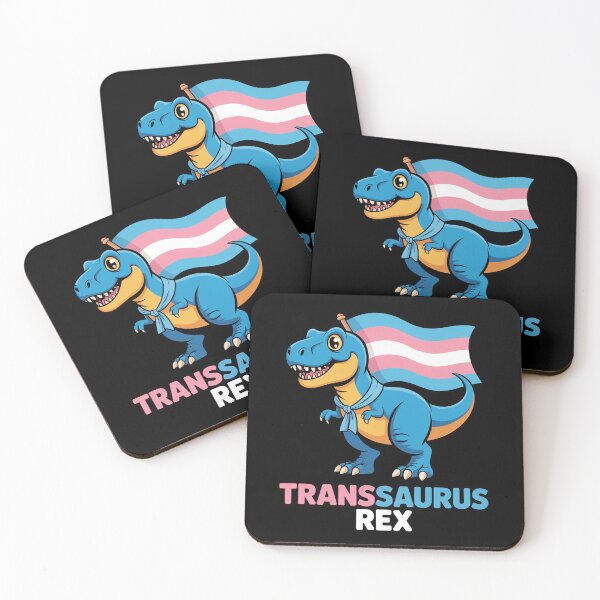 Item preview, Transsaurus rex dinosaur in transgender flag designed and sold by MarryIsMonth.