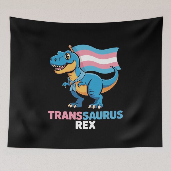Item preview, Transsaurus rex dinosaur in transgender flag designed and sold by MarryIsMonth.