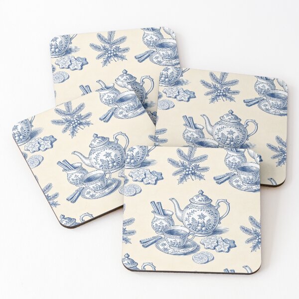 Item preview, Christmas tea time pattern in blue engraving style designed and sold by AestheticsTime.