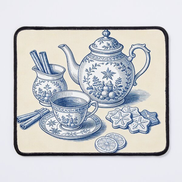 Item preview, Christmas tea time pattern in blue engraving style designed and sold by AestheticsTime.