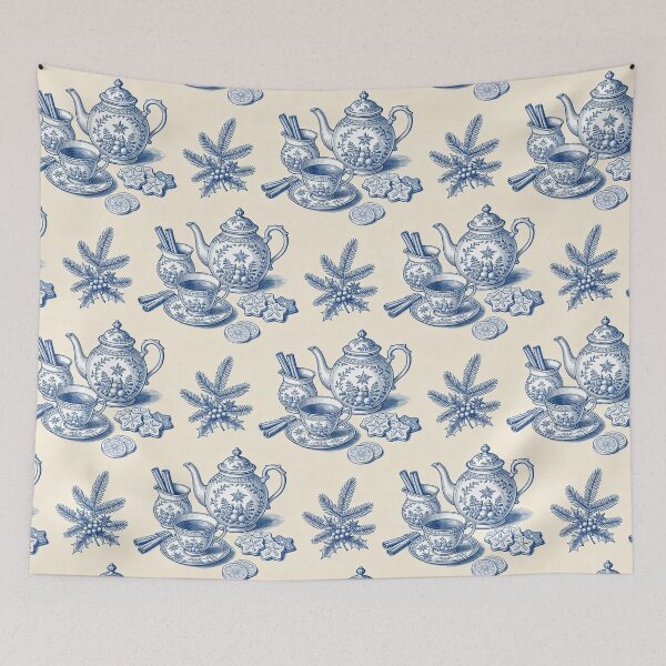 Item preview, Christmas tea time pattern in blue engraving style designed and sold by AestheticsTime.
