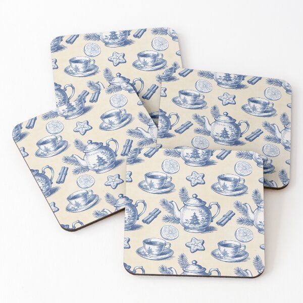 Item preview, Christmas tea time pattern in blue engraving style designed and sold by AestheticsTime.