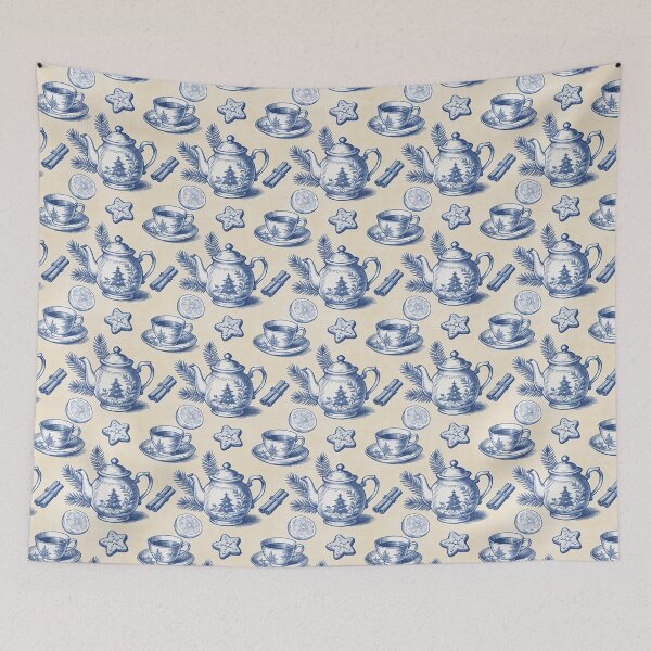 Item preview, Christmas tea time pattern in blue engraving style designed and sold by AestheticsTime.