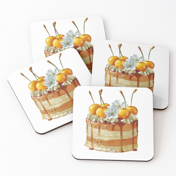 Item preview, Cake decorated with cherries and flowers on top with caramel drizzle against a white background designed and sold by Ms. Iryna.