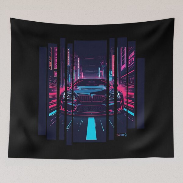 Item preview, BW M6 sideways cyberpunk neon city, high contrast colors, cinematic lighting, bold vector illustration 9 designed and sold by Neon G.