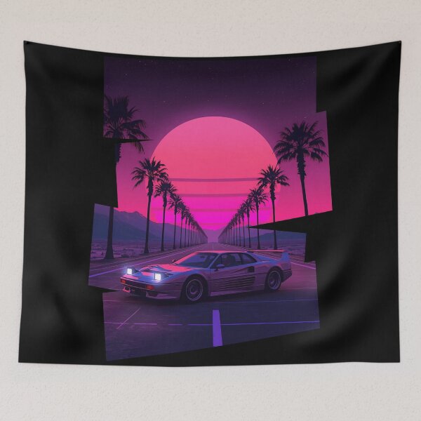 Item preview, Ferrar F40 80s retro-futuristic landscape with palm trees and a sports car neon colors 10 designed and sold by Neon G.