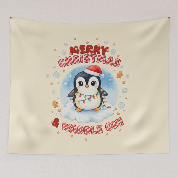 Item preview, Cute Kawaii Christmas Penguin Shirt - Merry Christmas & Waddle On - Funny Watercolor Holiday Animal Tee with Santa Hat and Lights designed and sold by Collagedream.
