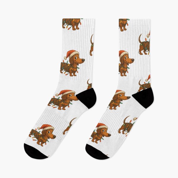 Item preview, Christmas Dachshund in Santa Hat Wrapped in Lights – Cute Funny Sausage Dog Holiday Art designed and sold by BrainBubbleArt.