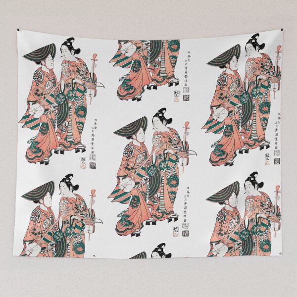 Item preview, Two Japanese Women in Elaborate Kimono Playing Traditional Instruments in a Stately Ukiyo-e Style Artwork designed and sold by portokalis.