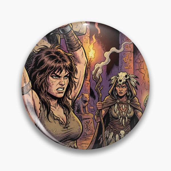 Artikelvorschau, Medizin-Frau verhört eine barbarische Kriegerin in Defiance-Illustration im Comic-Stil entworfen und verkauft von Vintage Designs +.