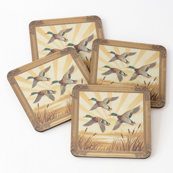 Item preview, Flying Mallard Ducks at Sunrise – Vintage Wildlife Illustration designed and sold by rustyroofco.