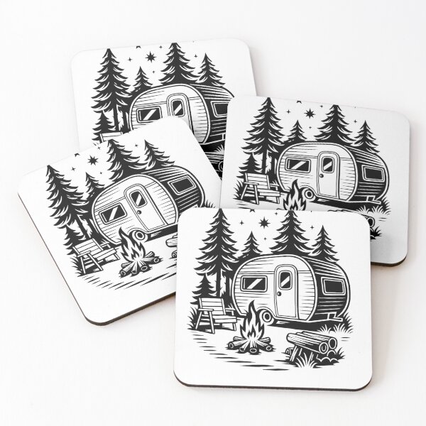 Item preview, Vintage Camper Trailer Campsite Forest Black and White Graphic designed and sold by LegendsOfLife37.