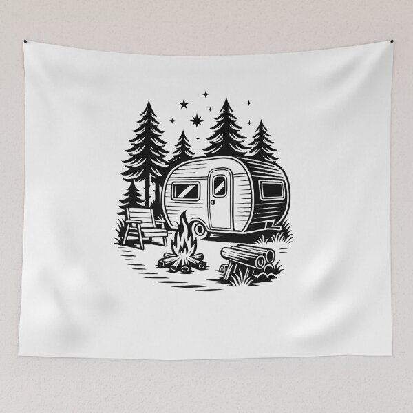 Item preview, Vintage Camper Trailer Campsite Forest Black and White Graphic designed and sold by LegendsOfLife37.