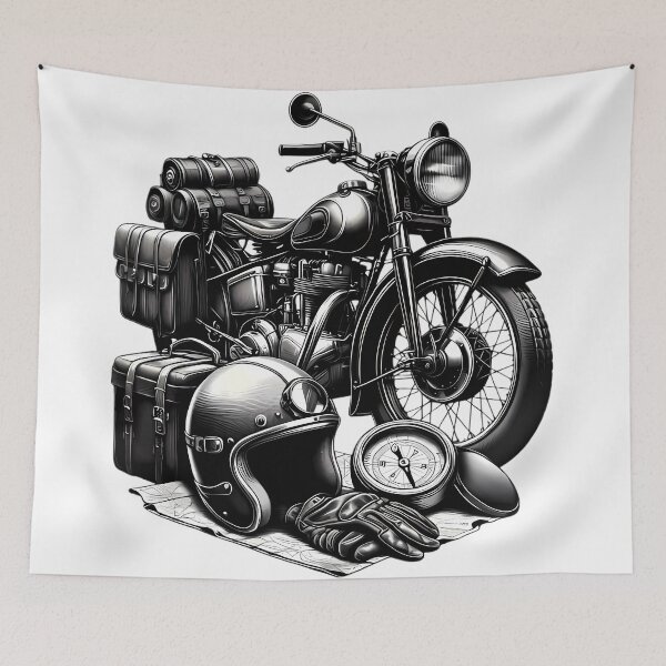 Item preview, Vintage Motorcycle Adventure Gear Black White Art designed and sold by DrawDrip.