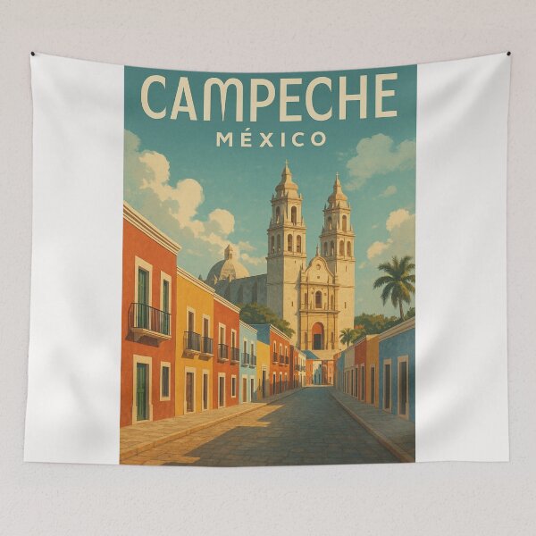 Artikelvorschau, Calle 59 und Campeche-Kathedrale, historisches Zentrum von Campeche, Mexiko entworfen und verkauft von Places On Earth.