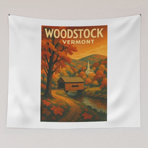 Item preview, Woodstock Vermont Covered Bridge and Church in Autumn designed and sold by Aryabek.