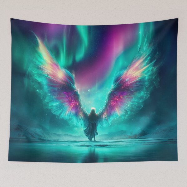 Item preview, Love Glows Brightest Where Darkness Tries Hardest | Neon Aurora Angel Over Frozen Nightscape designed and sold by VisionaryVeils.