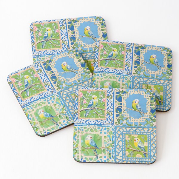 Item preview, Preppy, Grandmillennial tiles with garden lattice and budgies designed and sold by SophieClimaArt.