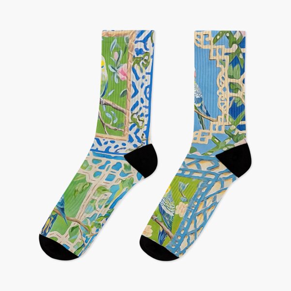 Item preview, Preppy, Grandmillennial tiles with garden lattice and budgies designed and sold by SophieClimaArt.