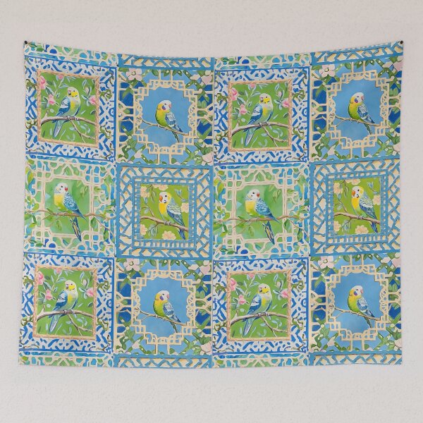 Item preview, Preppy, Grandmillennial tiles with garden lattice and budgies designed and sold by SophieClimaArt.