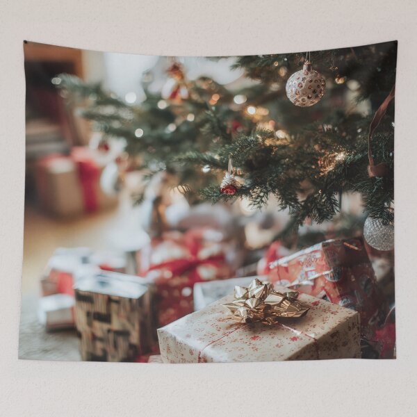 Item preview, Candid moment on Christmas morning with gifts under a decorated tree designed and sold by frequent-art.