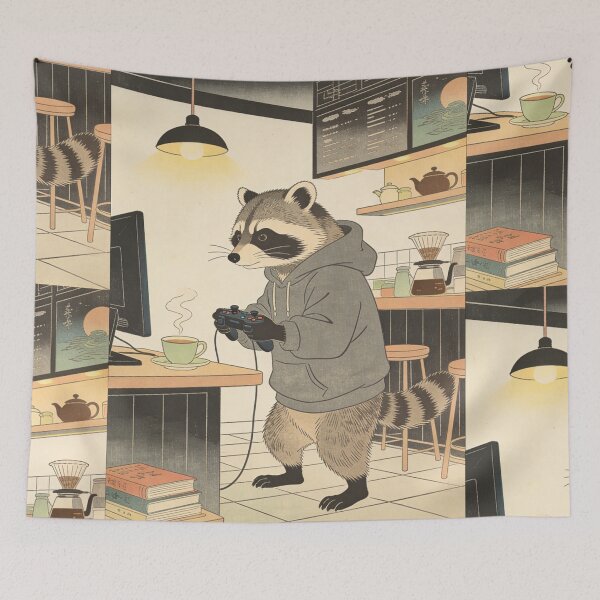 Item preview, Cozy Raccoon Gamer Lofi Aesthetic Art - Japanese Ukiyo-e Coffee Shop Vibe designed and sold by Cherrydora.