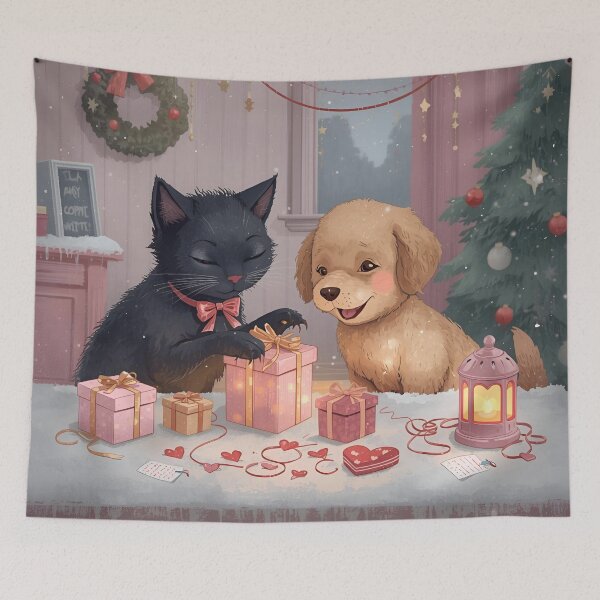 Item preview, Valentine’s Black Cat & Golden Puppy Couple • Whimsical Heart Gift Prep Art designed and sold by WildlifeWhimsy.