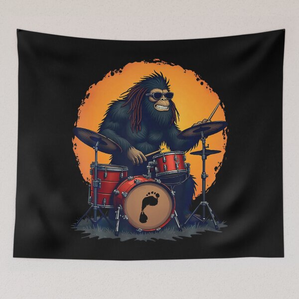 Item preview, Bigfoot Drum Squad Retro Vintage Sasquatch Playing Drums designed and sold by JaimeTrudie.