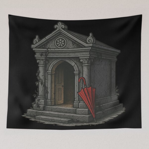 Item preview, Gothic Mausoleum Art – Dark Tomb Illustration with Red Umbrella designed and sold by Mouraludia.