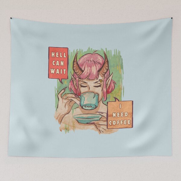 Item preview, Hell Can Wait I Need Coffee- Pink Demon Girl Retro Pop Art Design designed and sold by DanniDan.