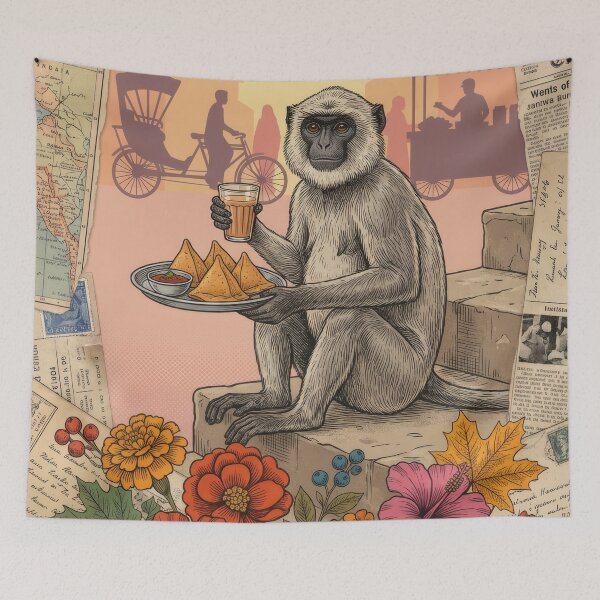 Item preview, Vintage India Collage Monkey Chai Samosas Rickshaw Poster designed and sold by CoffeeinBloom.