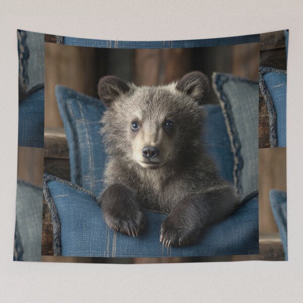 Item preview, Adorable Bear Cub on Blue Cushions designed and sold by Savannah Gibbs.