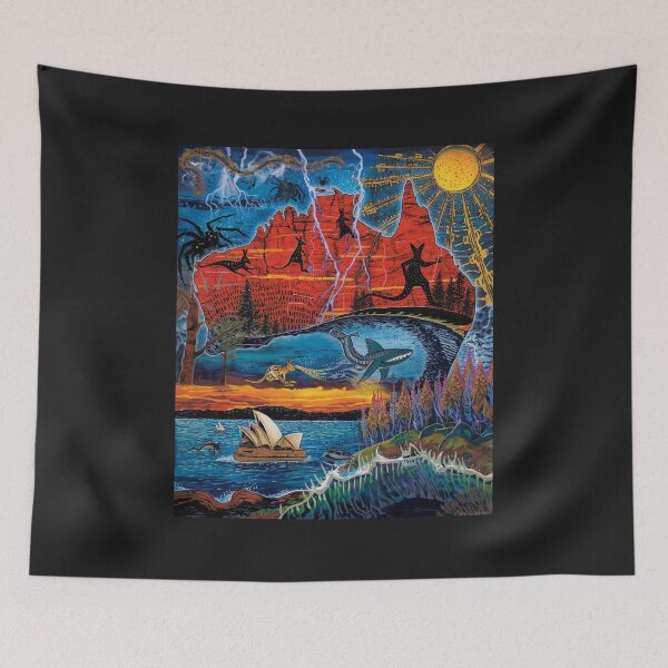 Item preview, Vibrant Australia Map Art with Uluru, Kangaroos, Sydney Opera House and Great Barrier Reef Shark designed and sold by TitanRN.