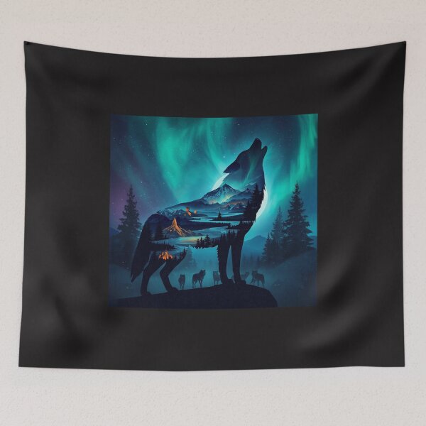 Item preview, Howling Wolf Silhouette Under Aurora Borealis Northern Lights Landscape designed and sold by TitanRN.
