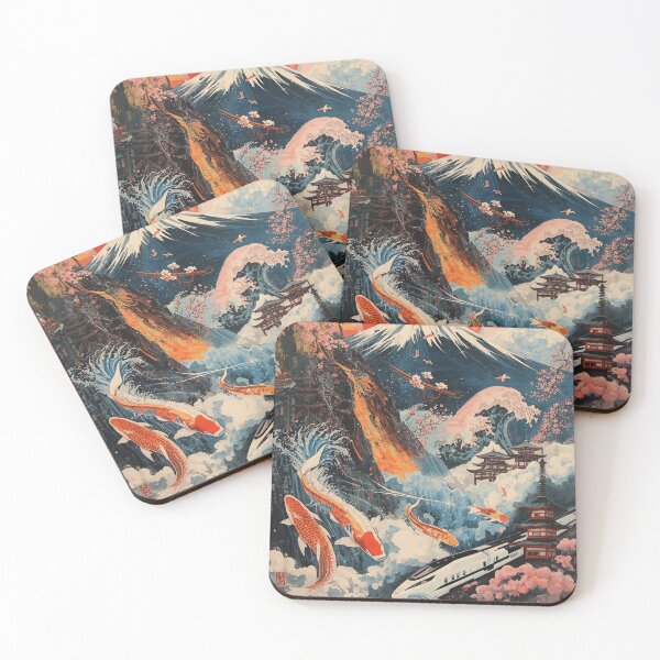 Item preview, Mount Fuji Cherry Blossom Koi Fish Japanese Art - Ukiyo-e Style Landscape with Waves and Pagoda designed and sold by TitanRN.