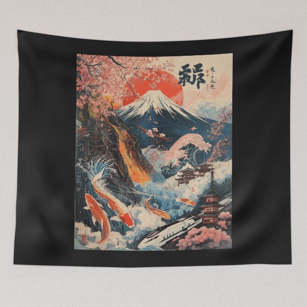 Item preview, Mount Fuji Cherry Blossom Koi Fish Japanese Art - Ukiyo-e Style Landscape with Waves and Pagoda designed and sold by TitanRN.