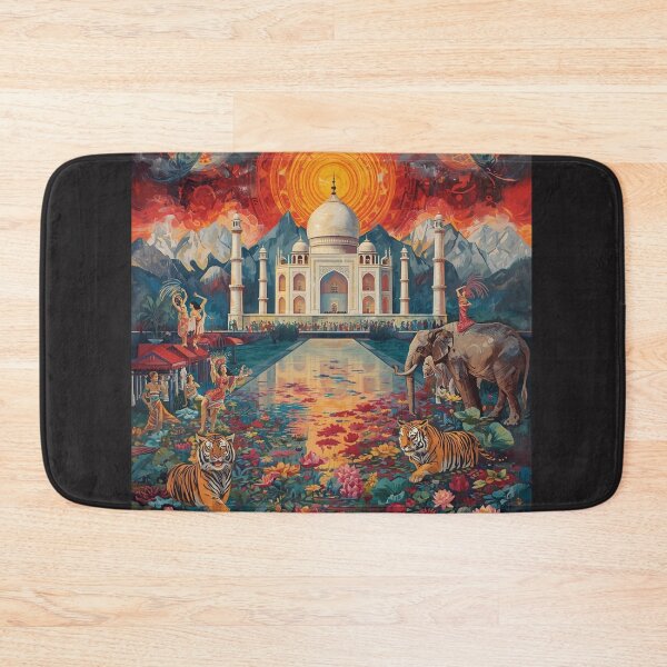Item preview, Vibrant Taj Mahal Fantasy Art with Tigers, Elephant, Lotus Pond and Peacock Feathers – Indian Culture Illustration designed and sold by TitanRN.