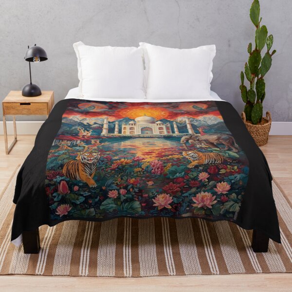 Item preview, Vibrant Taj Mahal Fantasy Art with Tigers, Elephant, Lotus Pond and Peacock Feathers – Indian Culture Illustration designed and sold by TitanRN.