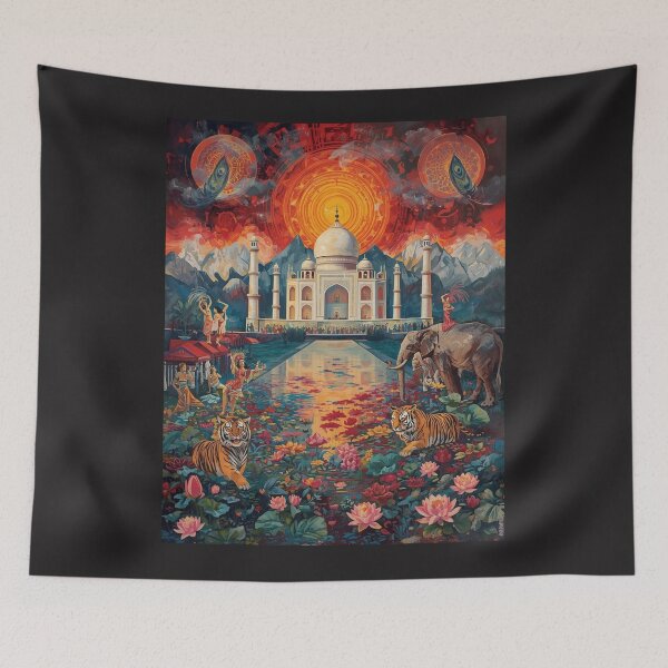 Item preview, Vibrant Taj Mahal Fantasy Art with Tigers, Elephant, Lotus Pond and Peacock Feathers – Indian Culture Illustration designed and sold by TitanRN.